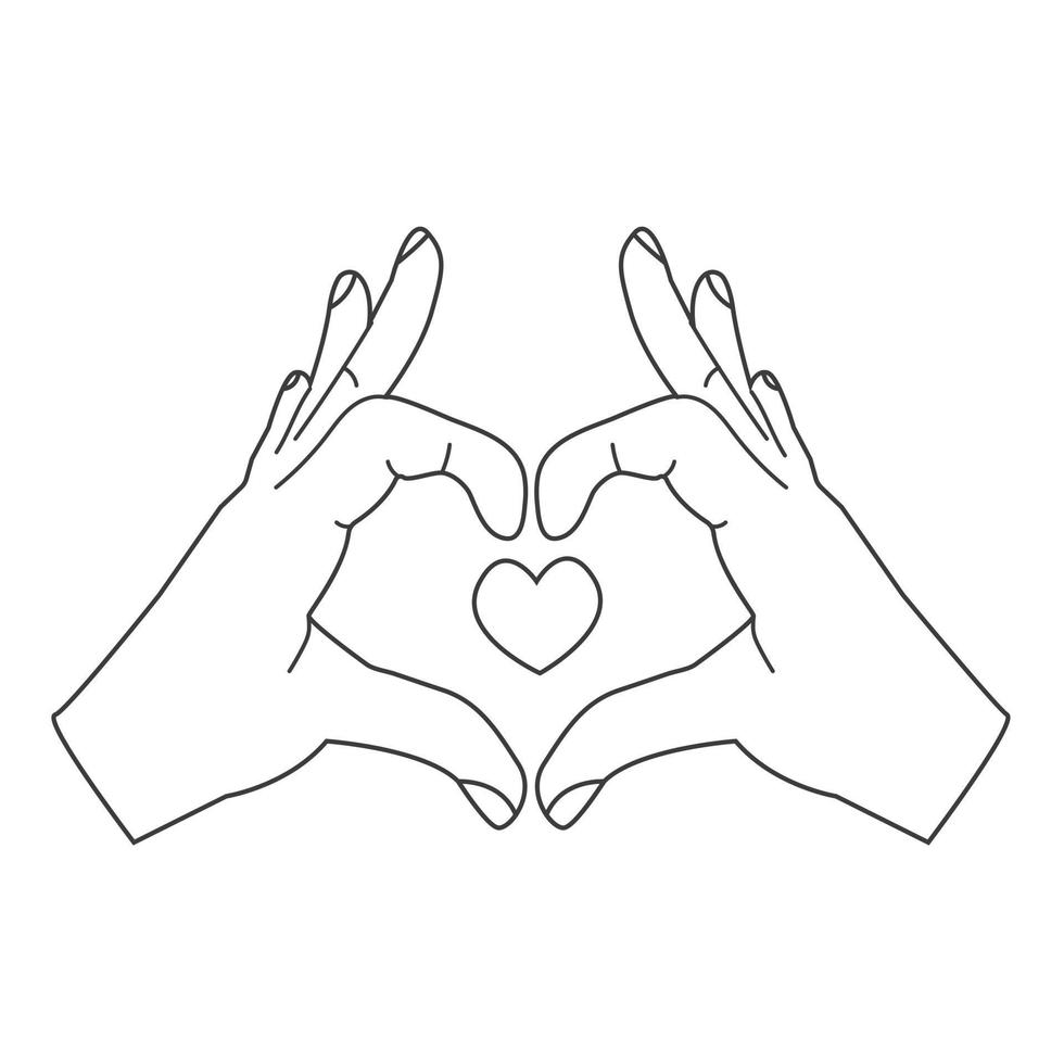 Hands sign heart, love gesture, outline art vector illustration