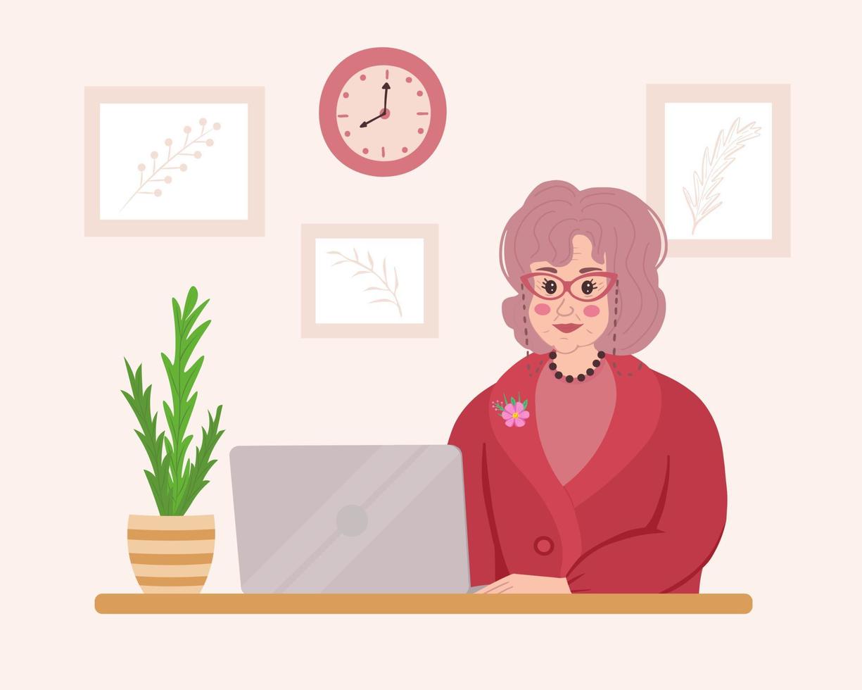 Grandmother. Happy grandma with laptop. Cute old woman working on laptop computer at home. Vector Illustration for backgrounds, wallpapers, covers, packaging, greeting cards, textile, seasonal design.