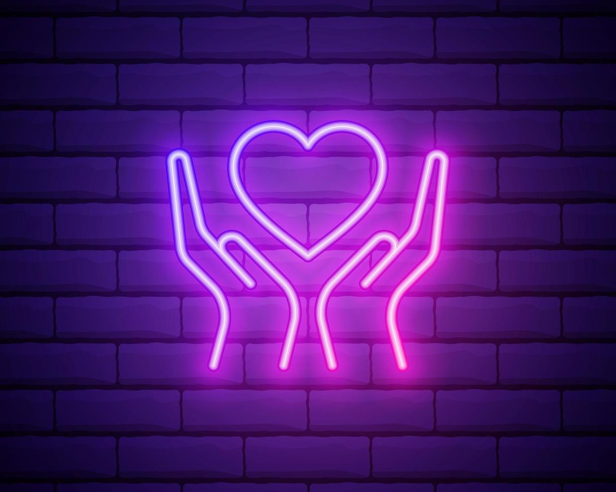 Hands holding heart neon sign. Medicine and health care concept. Advertisement design. Night bright neon sign, colorful billboard, light banner. Vector illustration in neon style