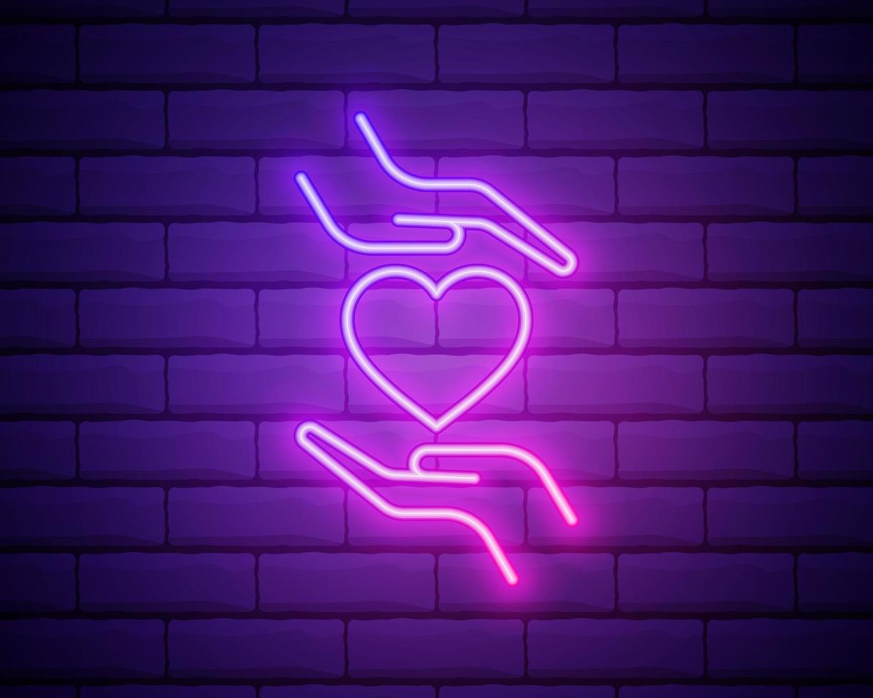 Hands holding heart neon sign. Medicine and health care concept. Advertisement design. Night bright neon sign, colorful billboard, light banner. Vector illustration in neon style