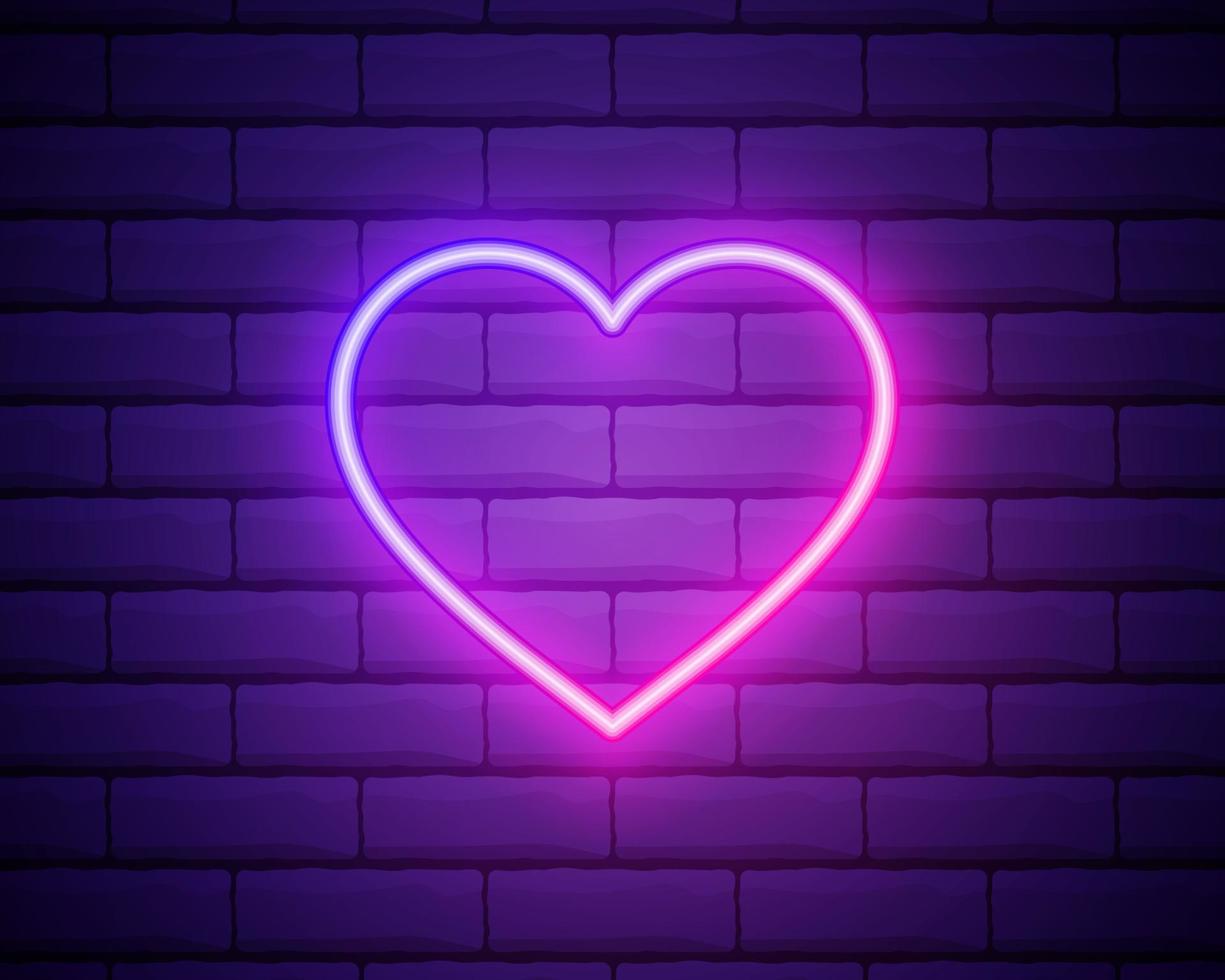 Banner de corazón brillante púrpura neón moderno sobre fondo oscuro de ladrillo grunge vacío. vector de señal de corazón violeta vintage. símbolo del día de san valentín de neón retro