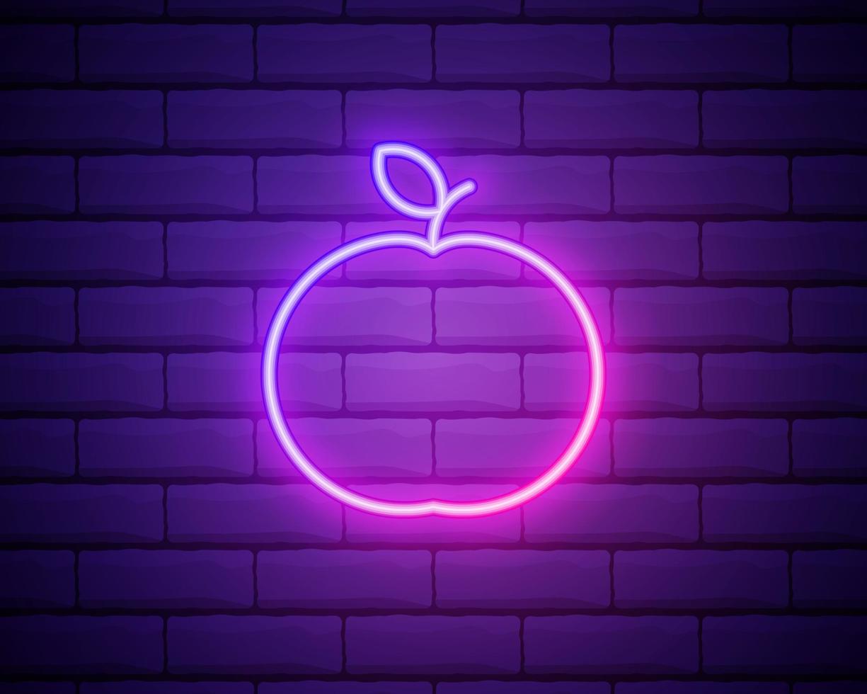 Glowing neon Apple icon isolated on brick wall background. Fruit with leaf symbol. Vector Illustration