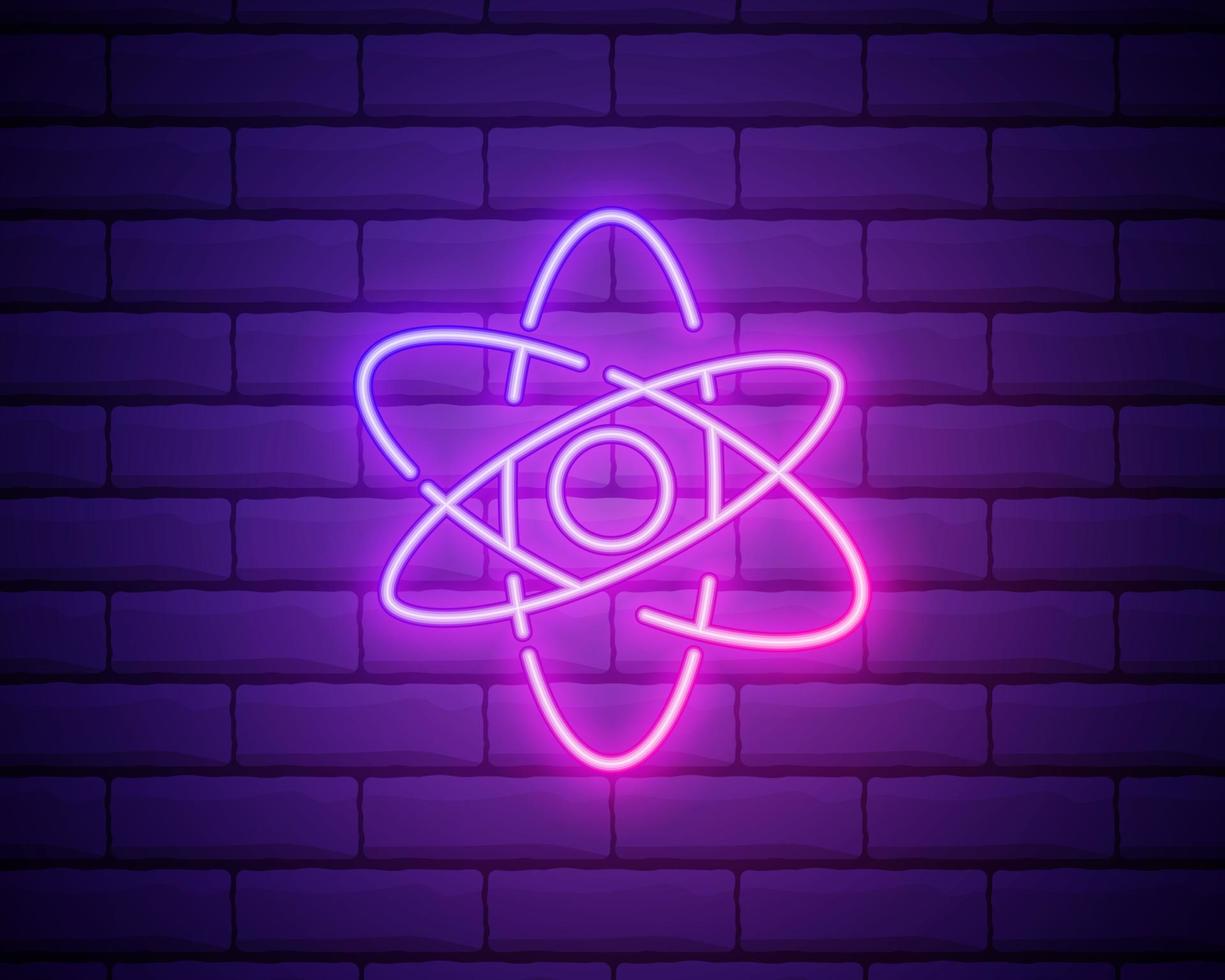 Atom with neon sign. Atom structure Light icon. Vector illustration for design. Physics concept. Isolated on brick wall