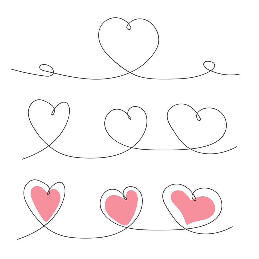 Continuous line drawing heart set with red shape. St. Valentine day concept. Vector illustration isolated on white background