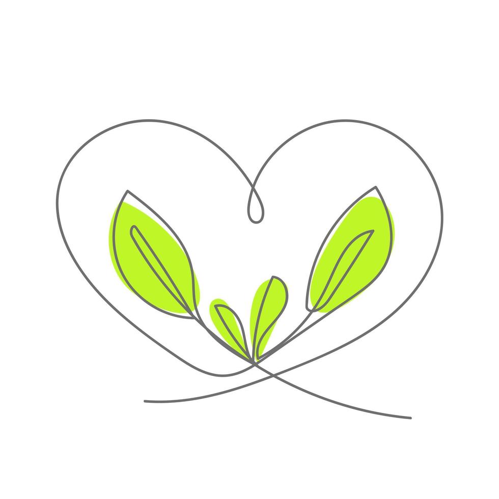 Continuous line art heart with green leaves, eco symbol isolated. Vector illustration