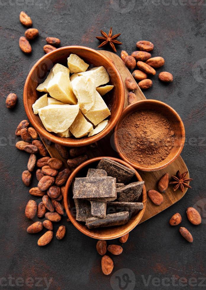 Cocoa beans, butter and chocolate photo