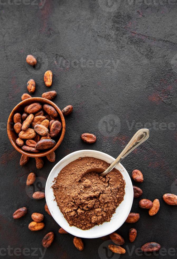 Bowl with Cocoa powder and beans photo
