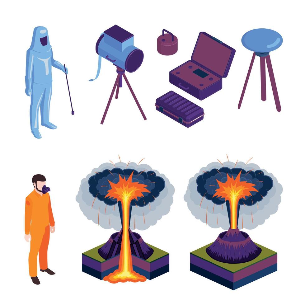 Volcano Eruptions And Volcanologist Isometric Icons vector