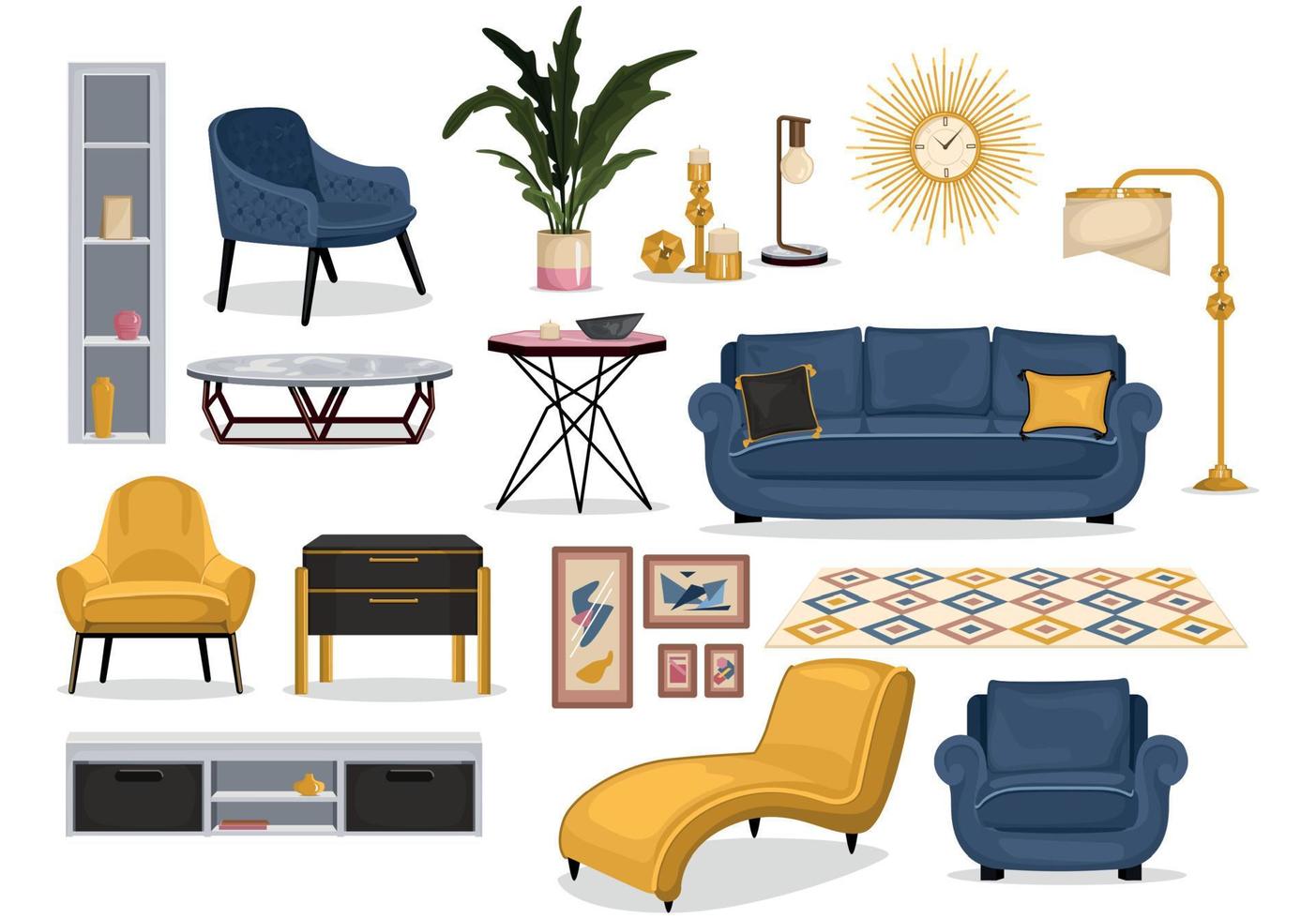 conjunto de decoración de interiores de muebles vector