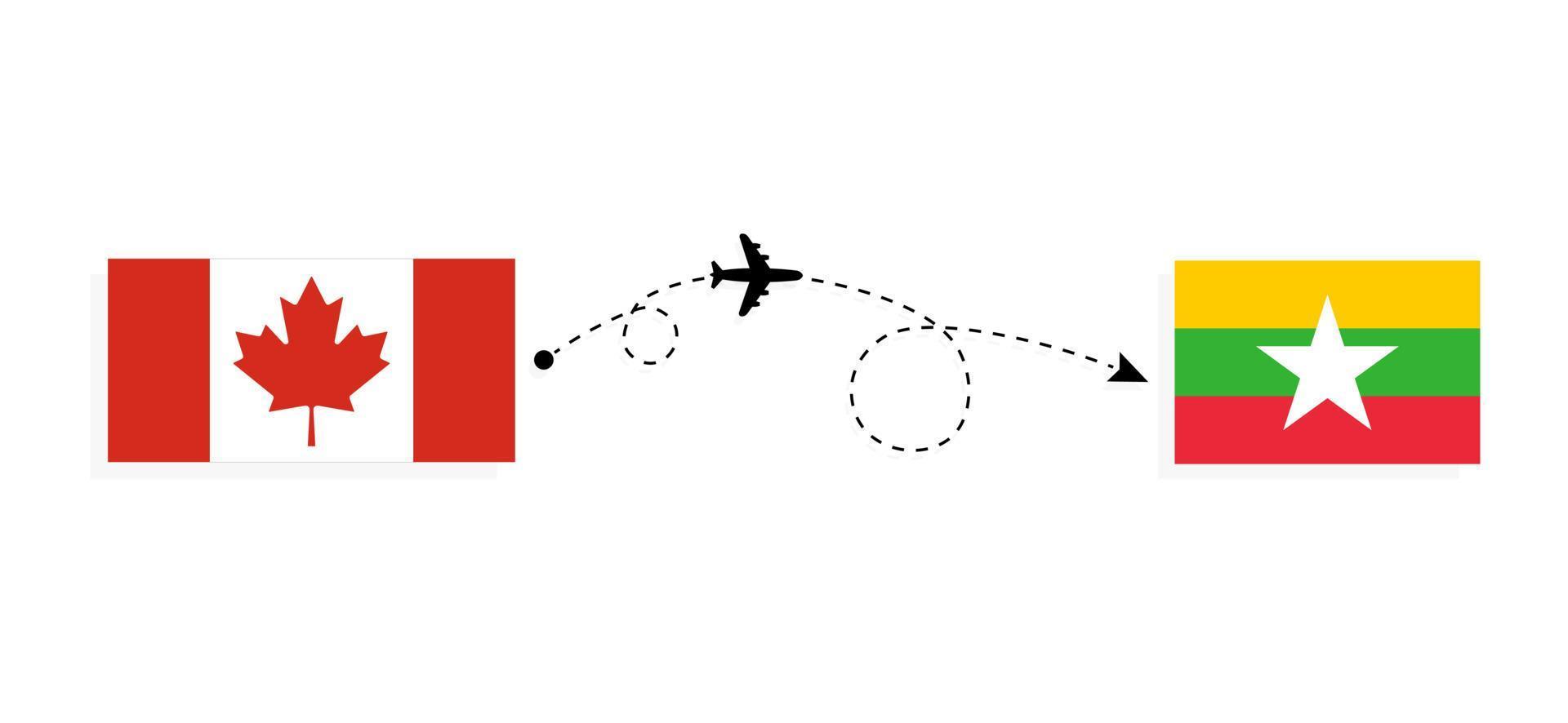 vuelo y viaje desde canadá a myanmar en avión de pasajeros concepto de viaje vector