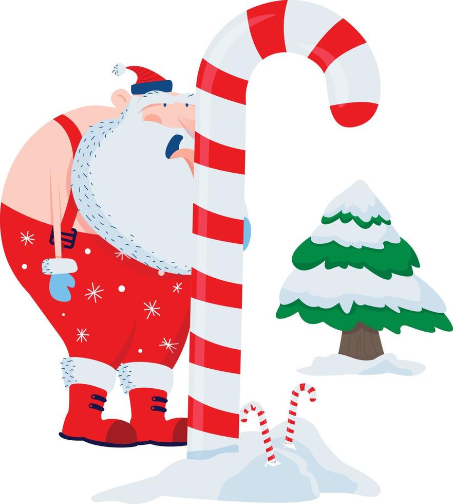 santa in winter licks a big lollipop vector