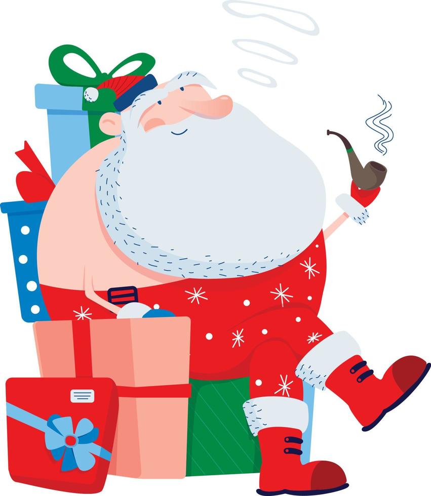 Santa sits on a throne of gifts and smokes a pipe vector