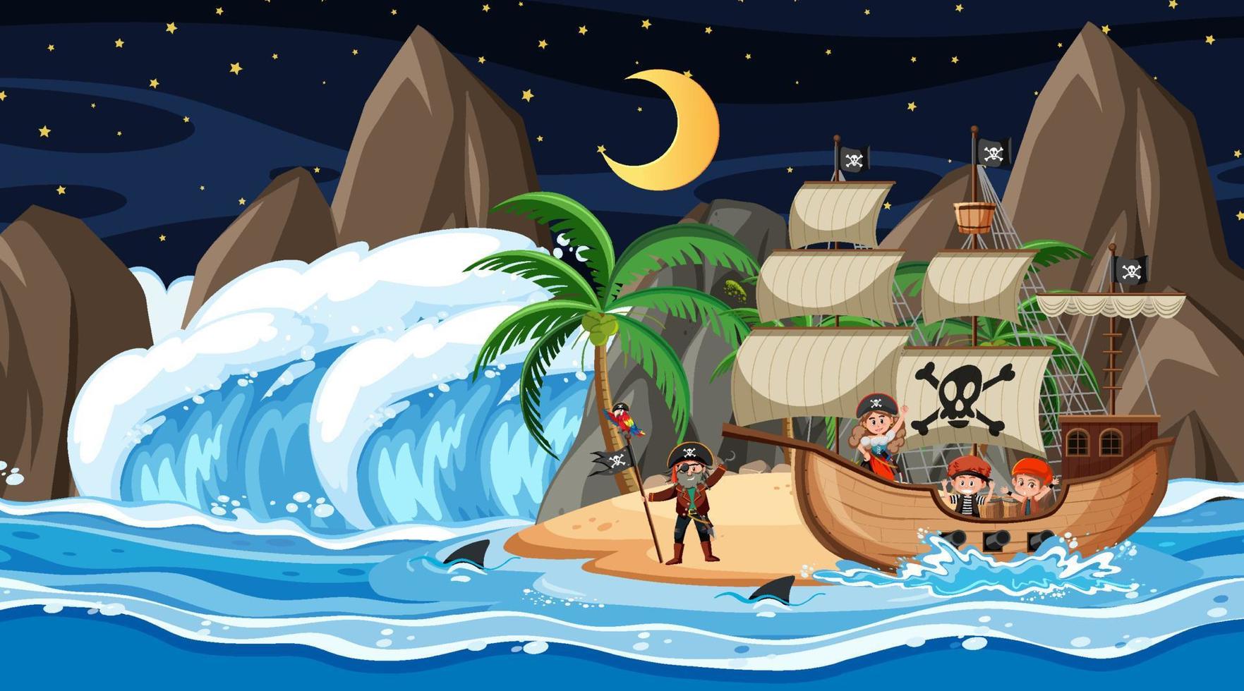 isla con barco pirata en la escena nocturna en estilo de dibujos animados vector