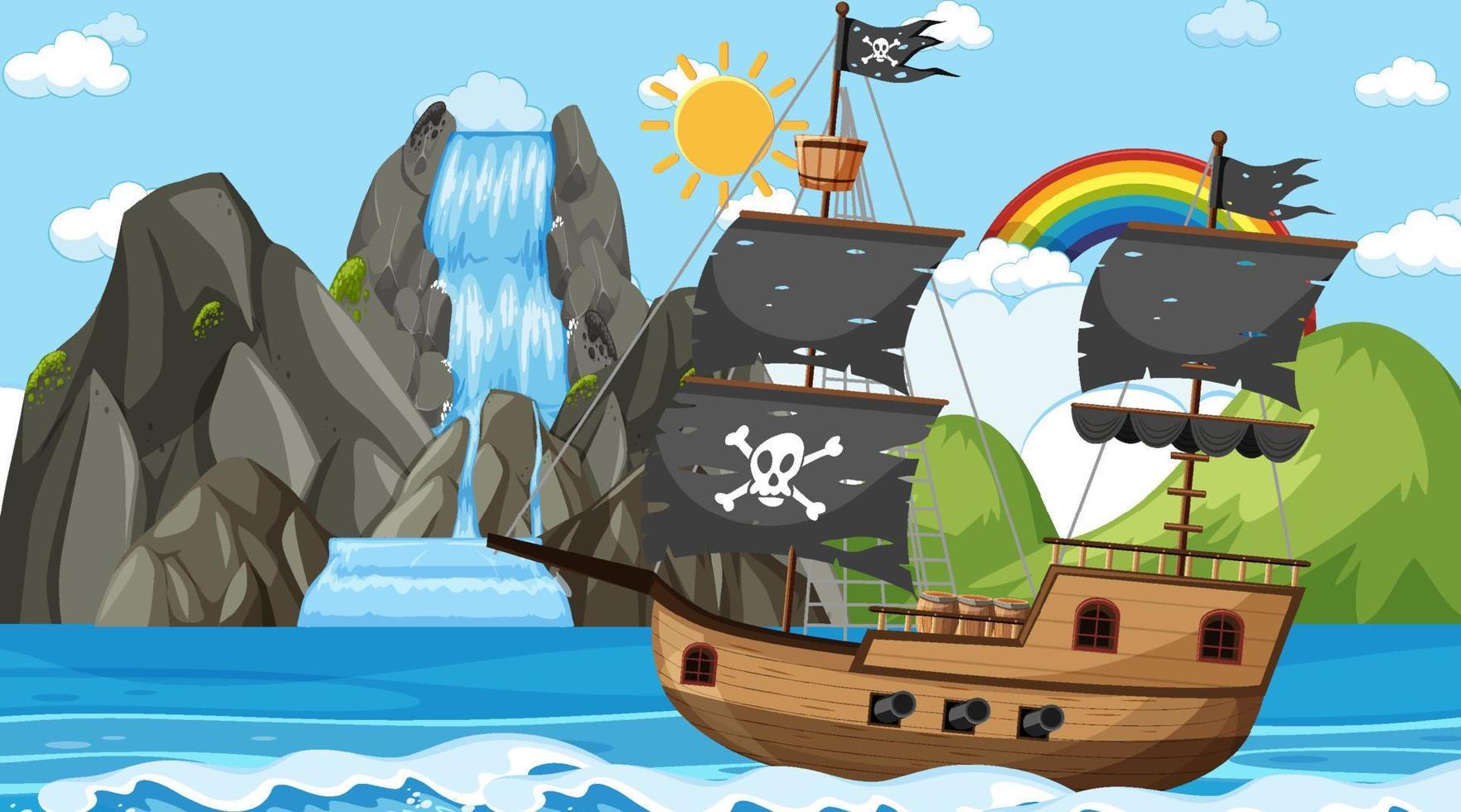 Ocean with Pirate ship at day time scene in cartoon style vector