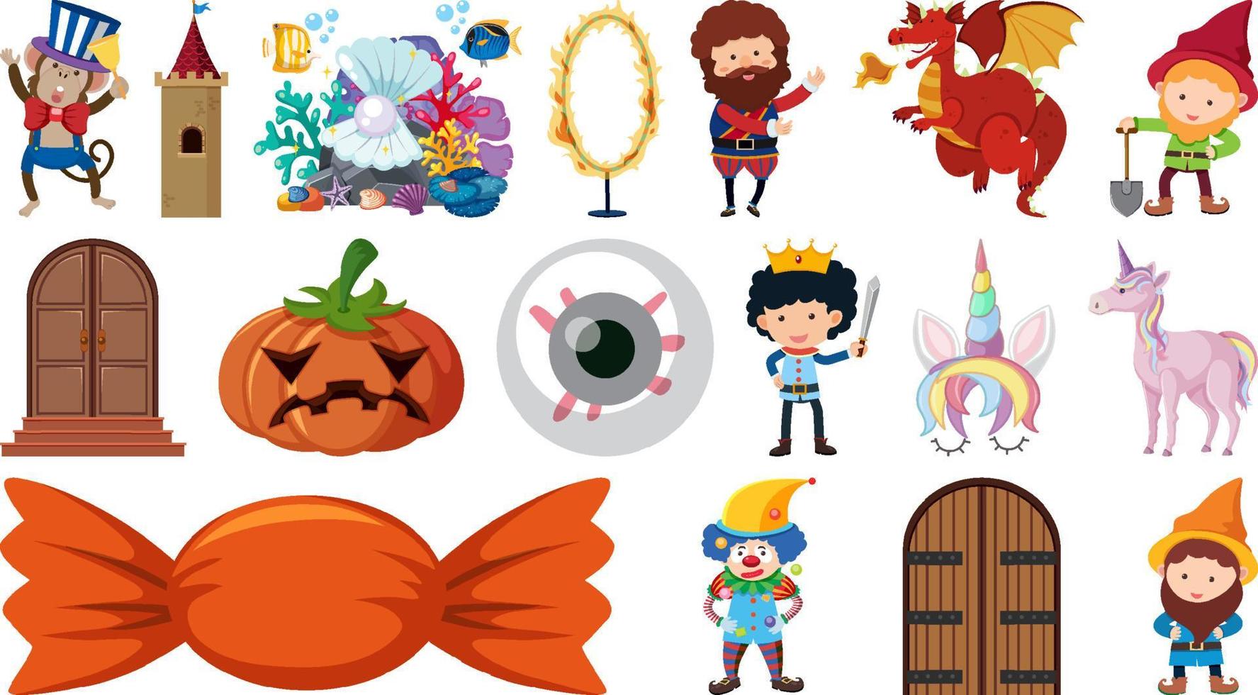 Set of isolated fairytale cartoon characters and objects vector