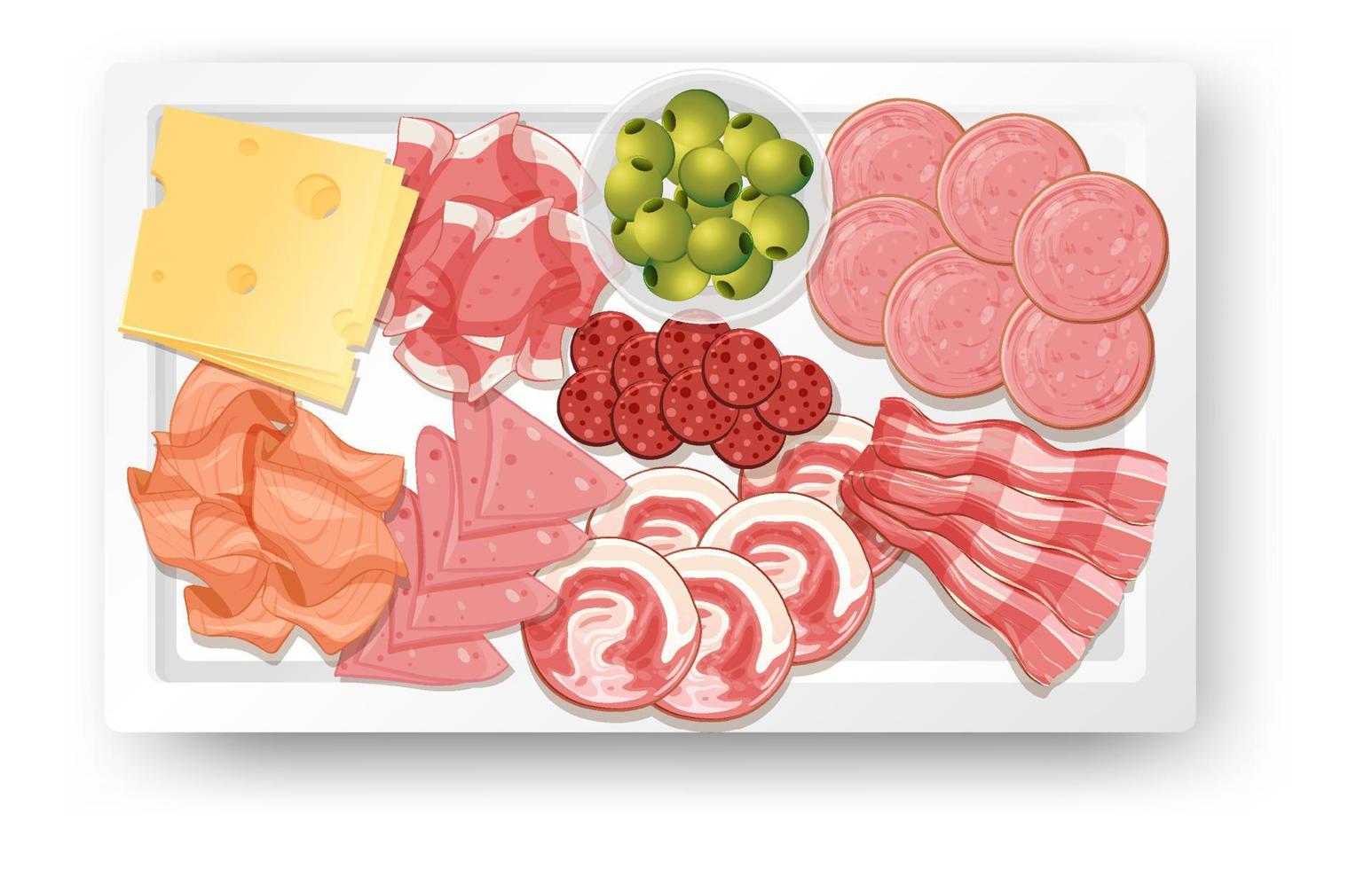 Lunch meat set with different cold meats on platter vector