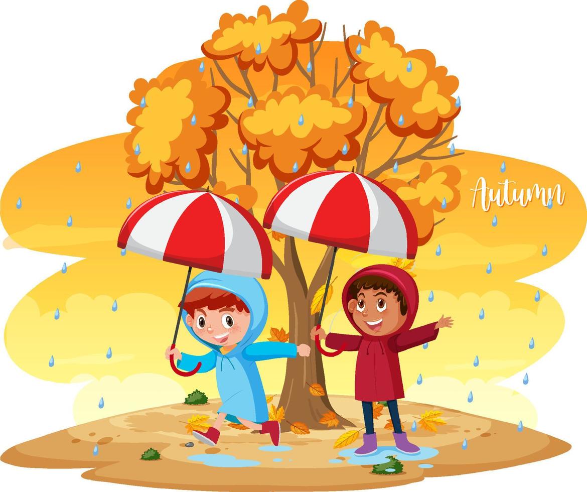 Happy kids in rain with umbrella vector