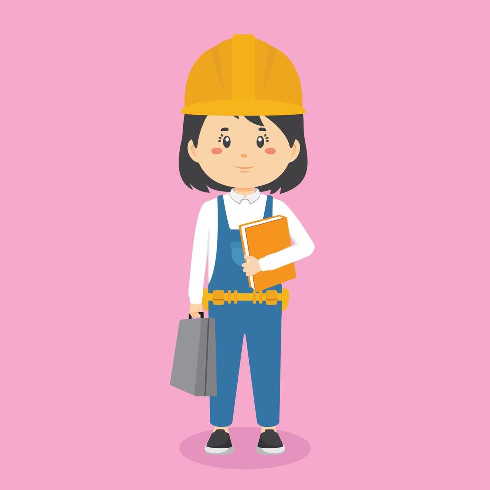 Personaje de trabajador de construcción de pie con archivo y maletín vector