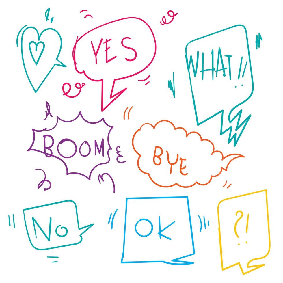 collection of Hand drawn set of colorful speech bubbles with dialog words. Vector bubbles speech doodle.