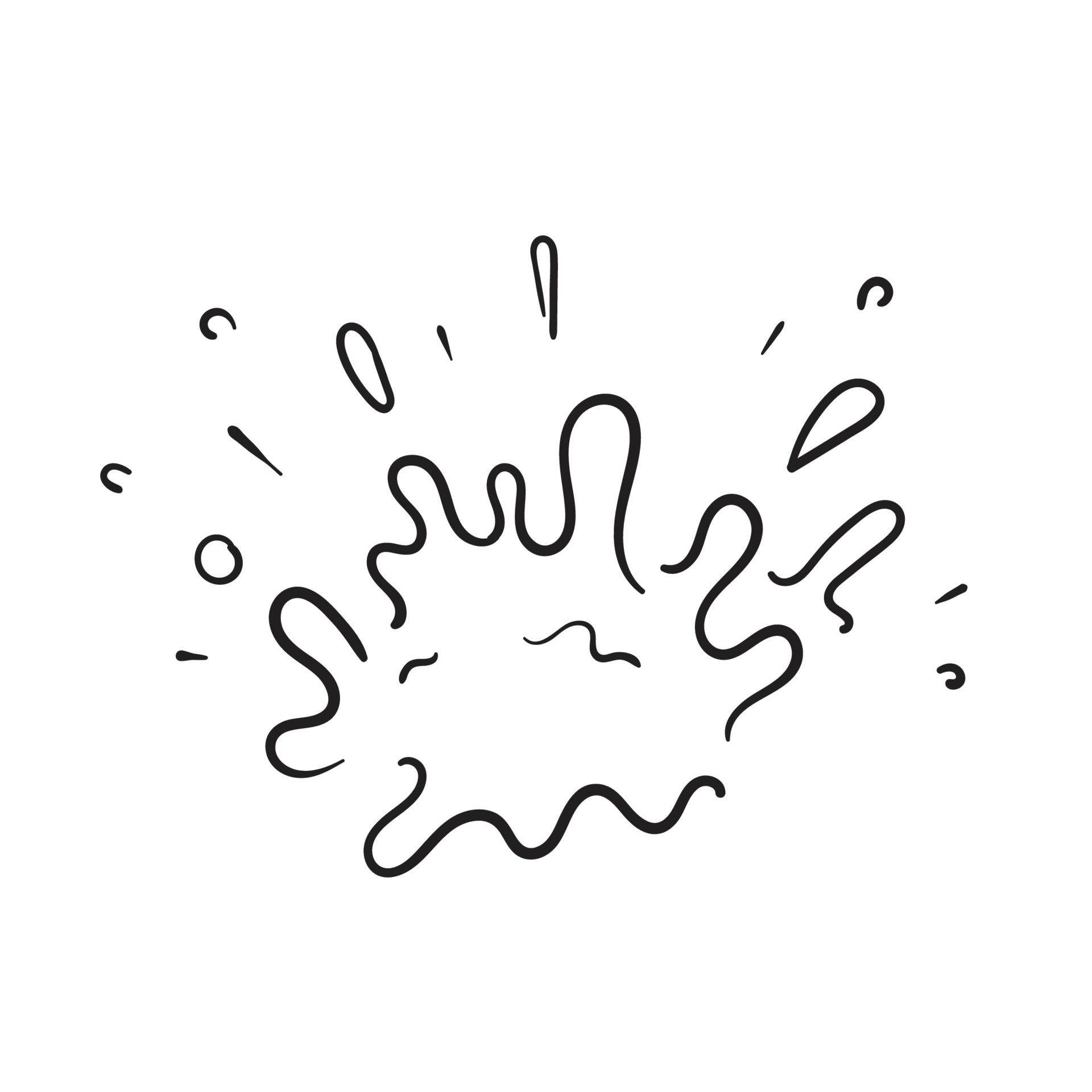 Hand drawn splash, liquid paint or water explosion with drops. doodle
