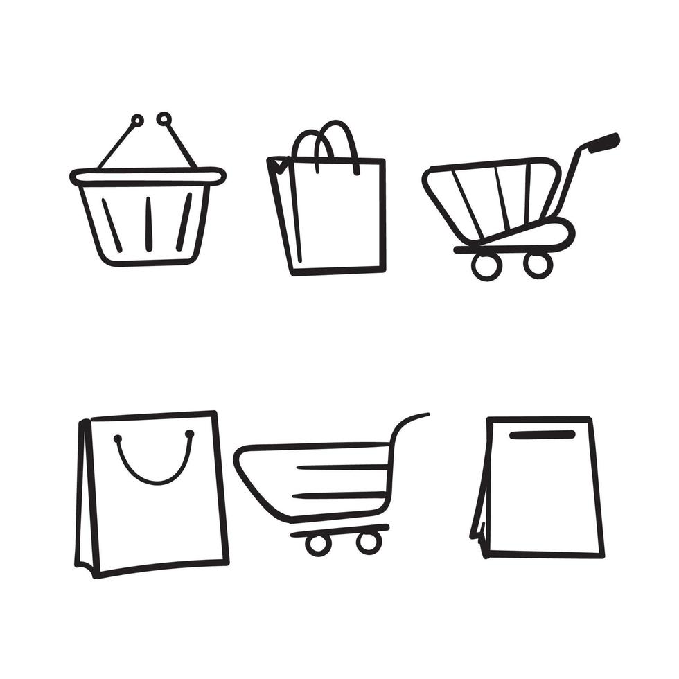 Doodle conjunto de iconos de carro de compras. colección de iconos web para tienda online, desde varios iconos de carro en varias formas. vector