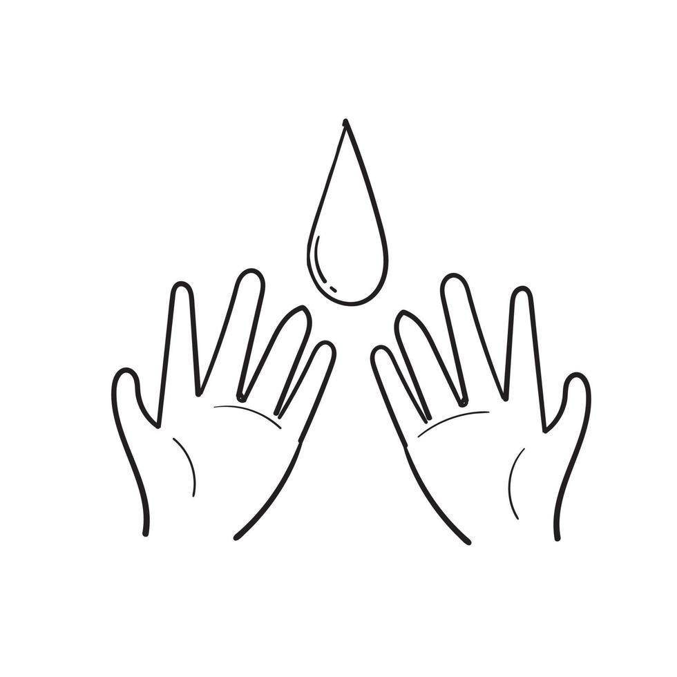 gota de agua dibujada a mano en la palma del símbolo de la mano para ahorrar agua ilustración doodle vector