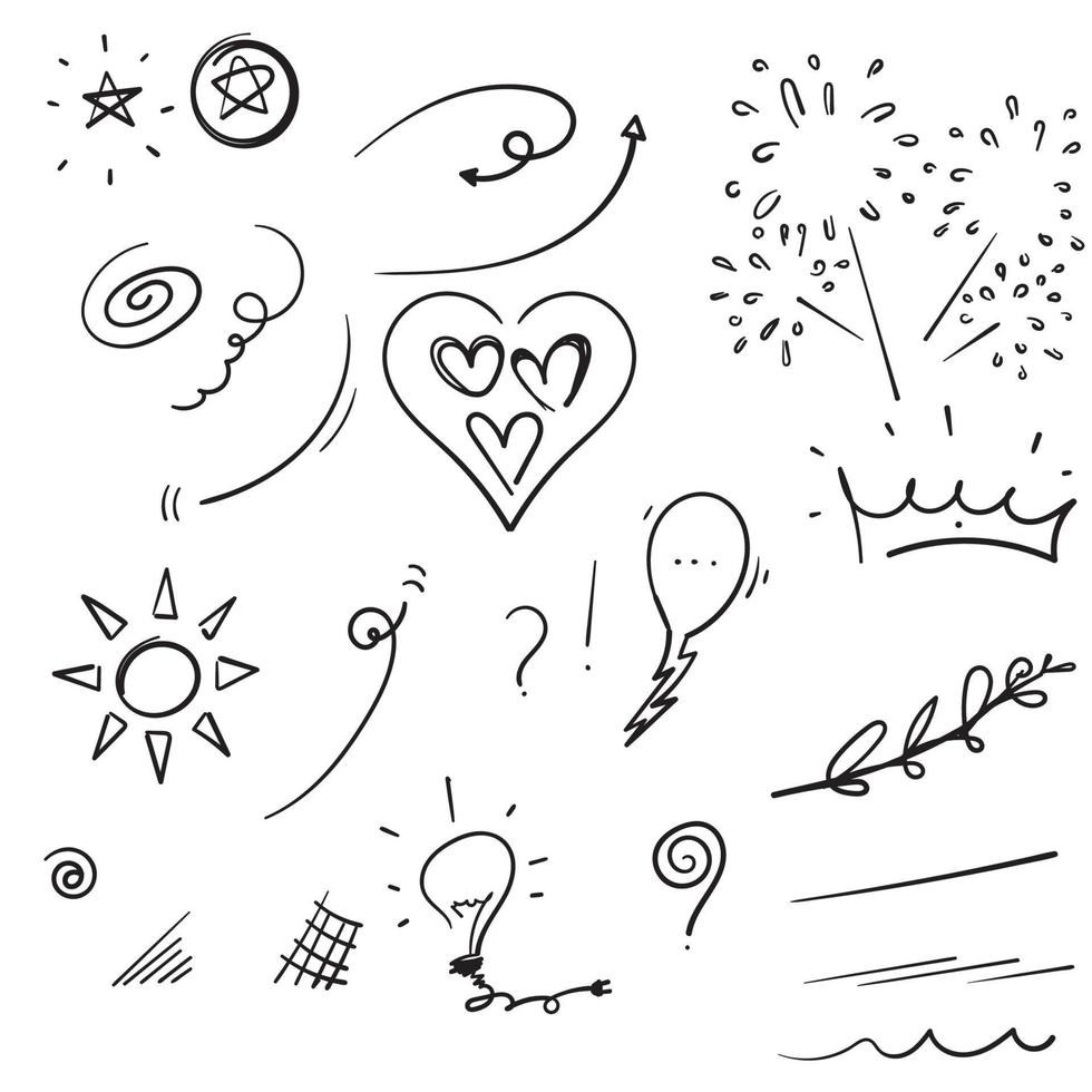 conjunto de elementos de doodle. flecha, corazón, amor, bocadillo, estrella, hoja, sol, luz, marcas de verificación, corona, rey, reina, swishes, swoops, énfasis, remolino, estilo dibujado corazón en mano vector