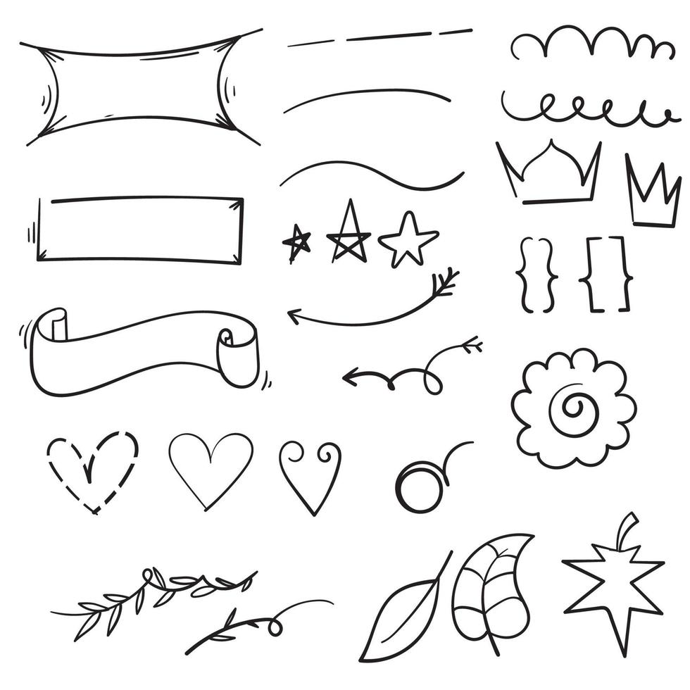 collection of Vintage decorative doodles. Hand drawn ribbon, outline arrows and doodle holidays cards decorations. Flower, heart, star and curved lines black ink ornate. Isolated vector symbols vector