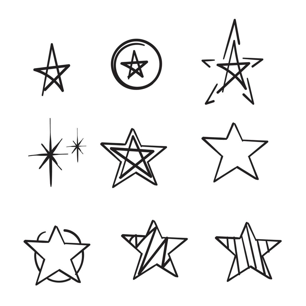 iconos de estrellas dibujados a mano. destellos, explosión brillante. estrella de símbolos vectoriales aislado sobre fondo blanco doodle vector