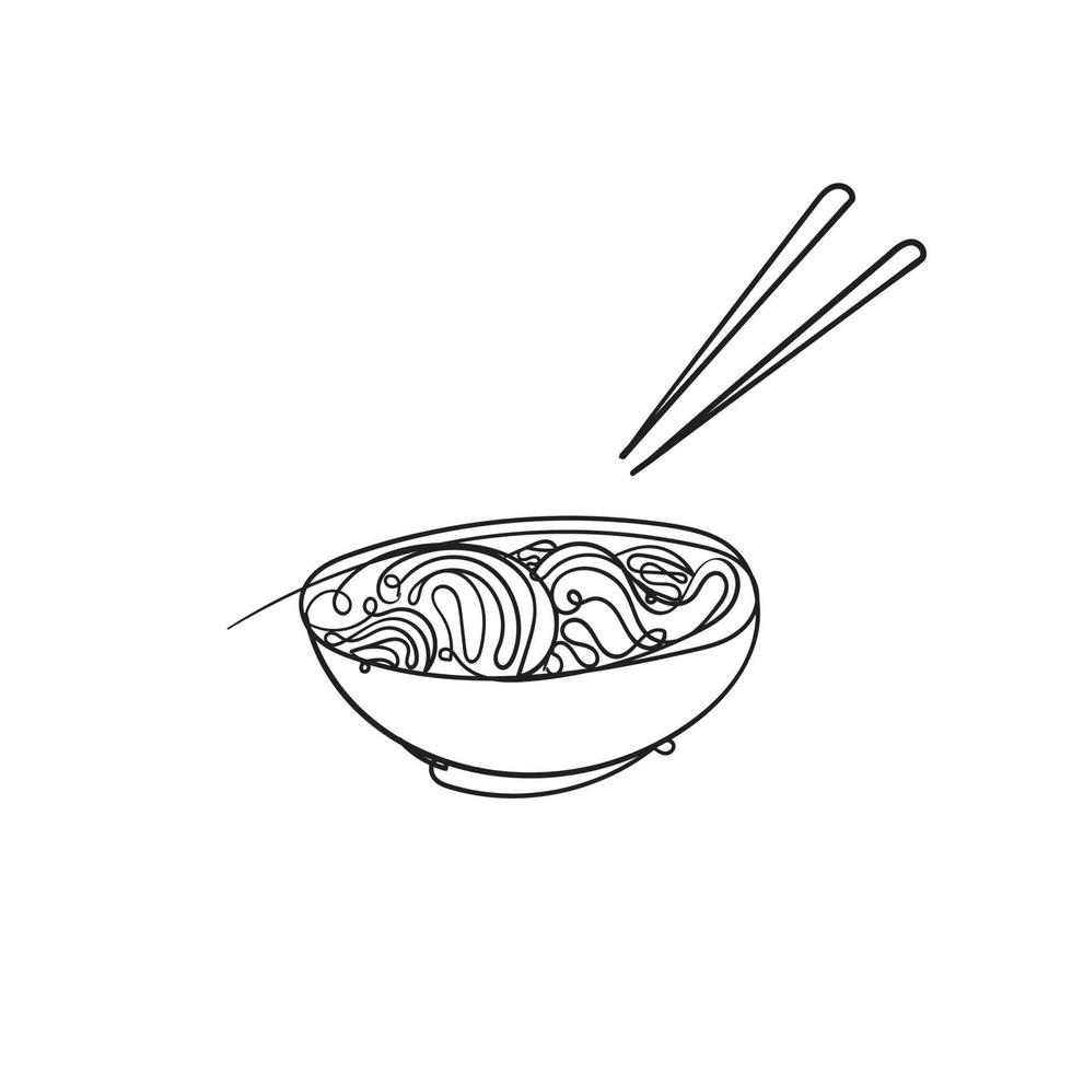 dibujado a mano doodle ilustración de fideos de comida asiática con vector de estilo de arte de línea continua