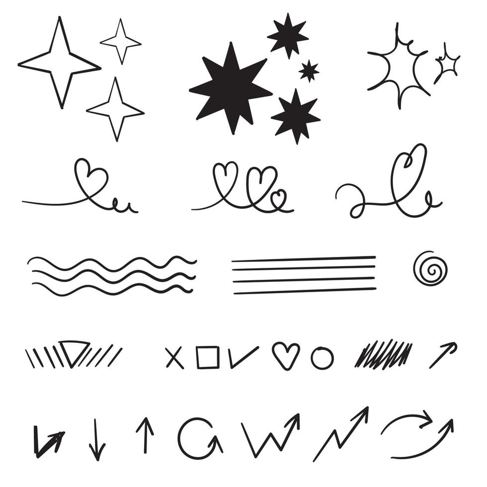 hand drawn Set of doodle elements. Black and white linear pattern. Sketch style vector collection. cartoon style vector isolated