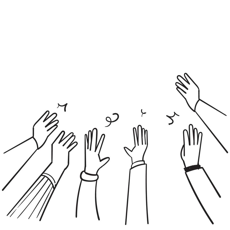 hand drawn People raise hands up applause clapping for vote volunteer and cheering concept. Doodle vector design.