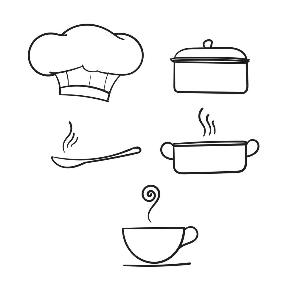 Ilustración de utensilios de cocina dibujados a mano con vector de estilo doodle aislado