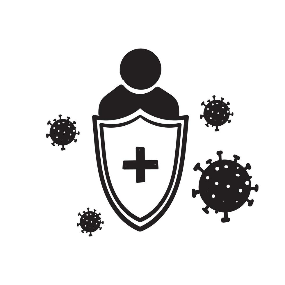 doodle Virus germs and bacteria protection. Healthy immune system, person protected from viruses and bacterias by immunity shield vector illustration. Person resistant and prevention disease cartoon