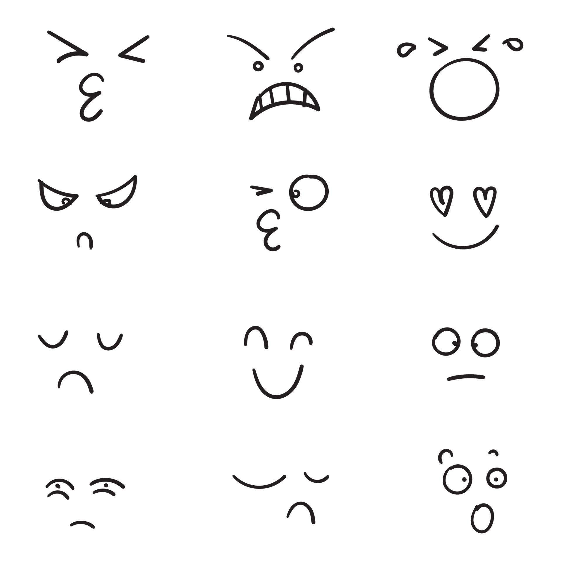 hand drawn Cartoon faces. Expressive eyes and mouth, smiling, crying and  surprised character face expressions. Caricature comic emotions or emoticon  doodle. 4473292 Vector Art at Vecteezy