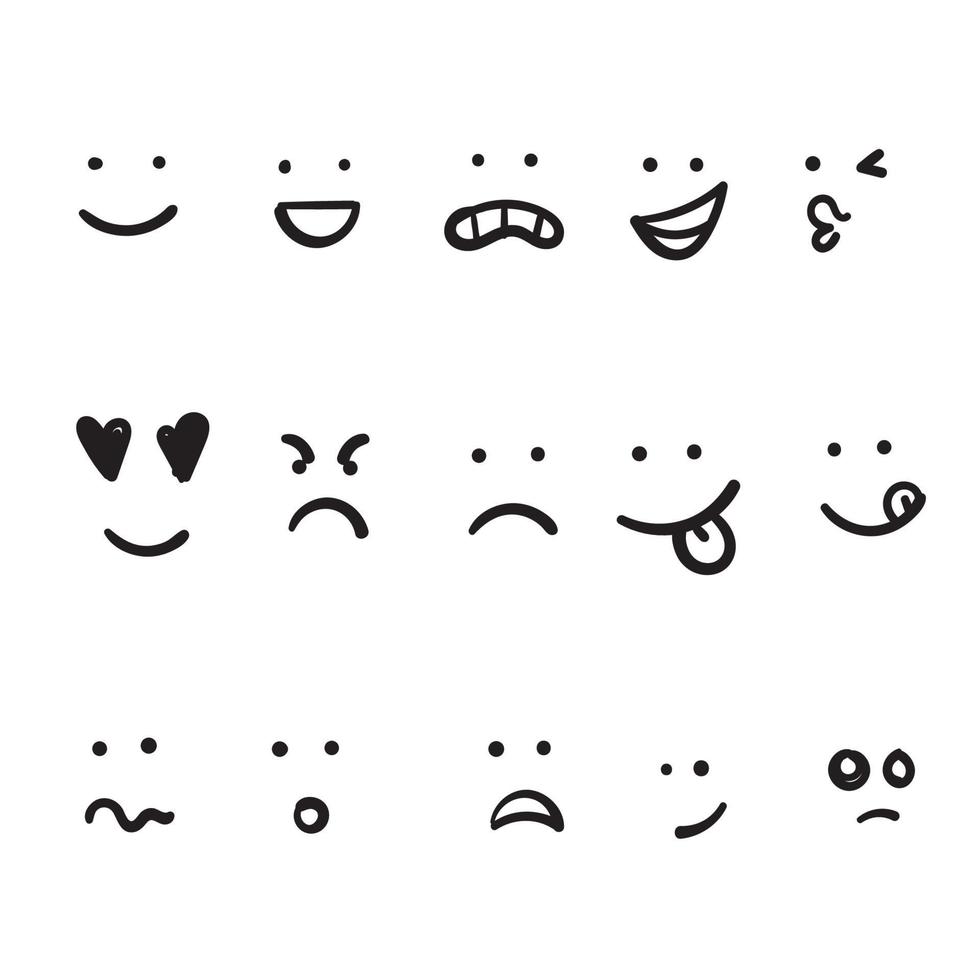 caras de dibujos animados dibujados a mano. ojos y boca expresivos, sonriendo, llorando y expresiones de cara de personaje sorprendido. Caricatura de emociones cómicas o doodle de emoticonos. vector