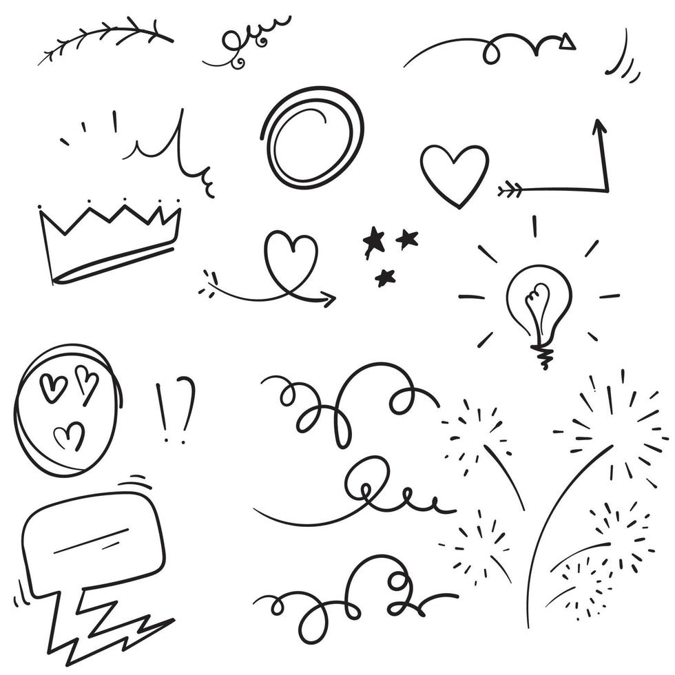 conjunto de elementos de doodle. flecha, corazón, amor, bocadillo, estrella, hoja, sol, luz, marcas de verificación, corona, rey, reina, swishes, swoops, énfasis, remolino, estilo dibujado corazón en mano vector