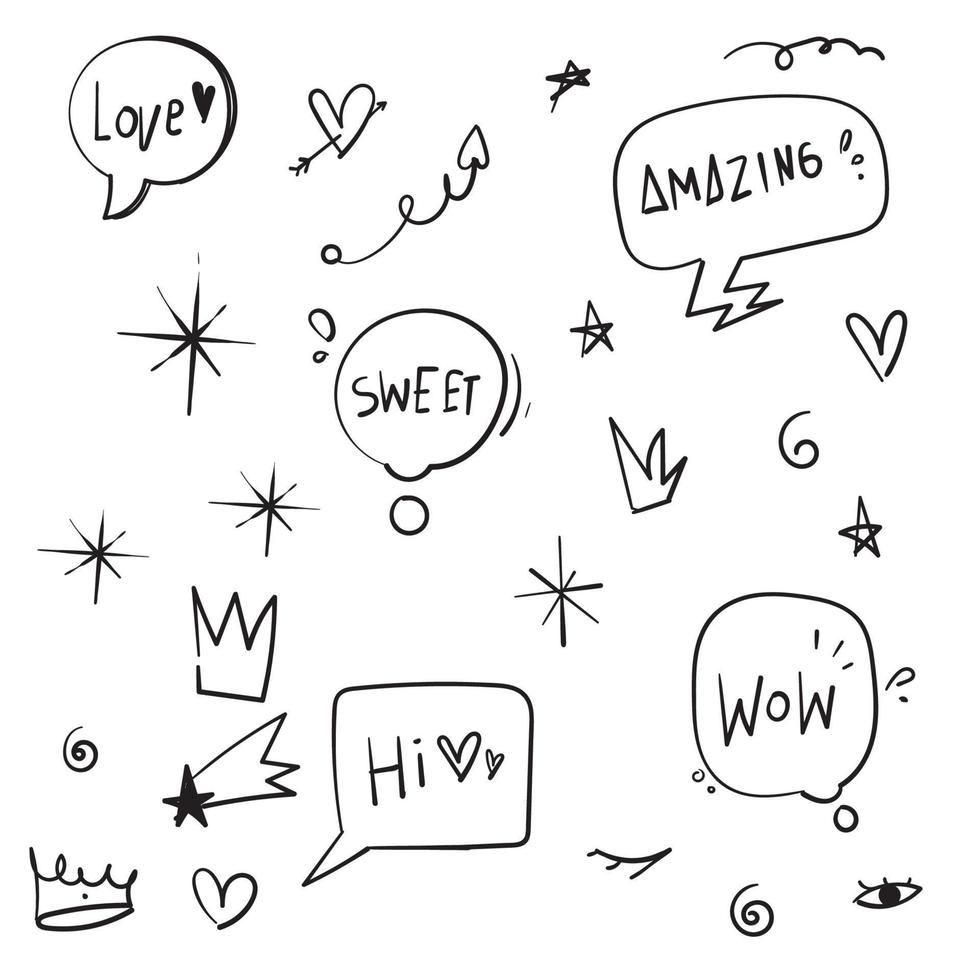 set of Cartoon dialogs cloud with princess elements. Set of think and talk speech bubbles for messages and dialog words. Doodle style clouds, hearts, stars, crowns collection vector