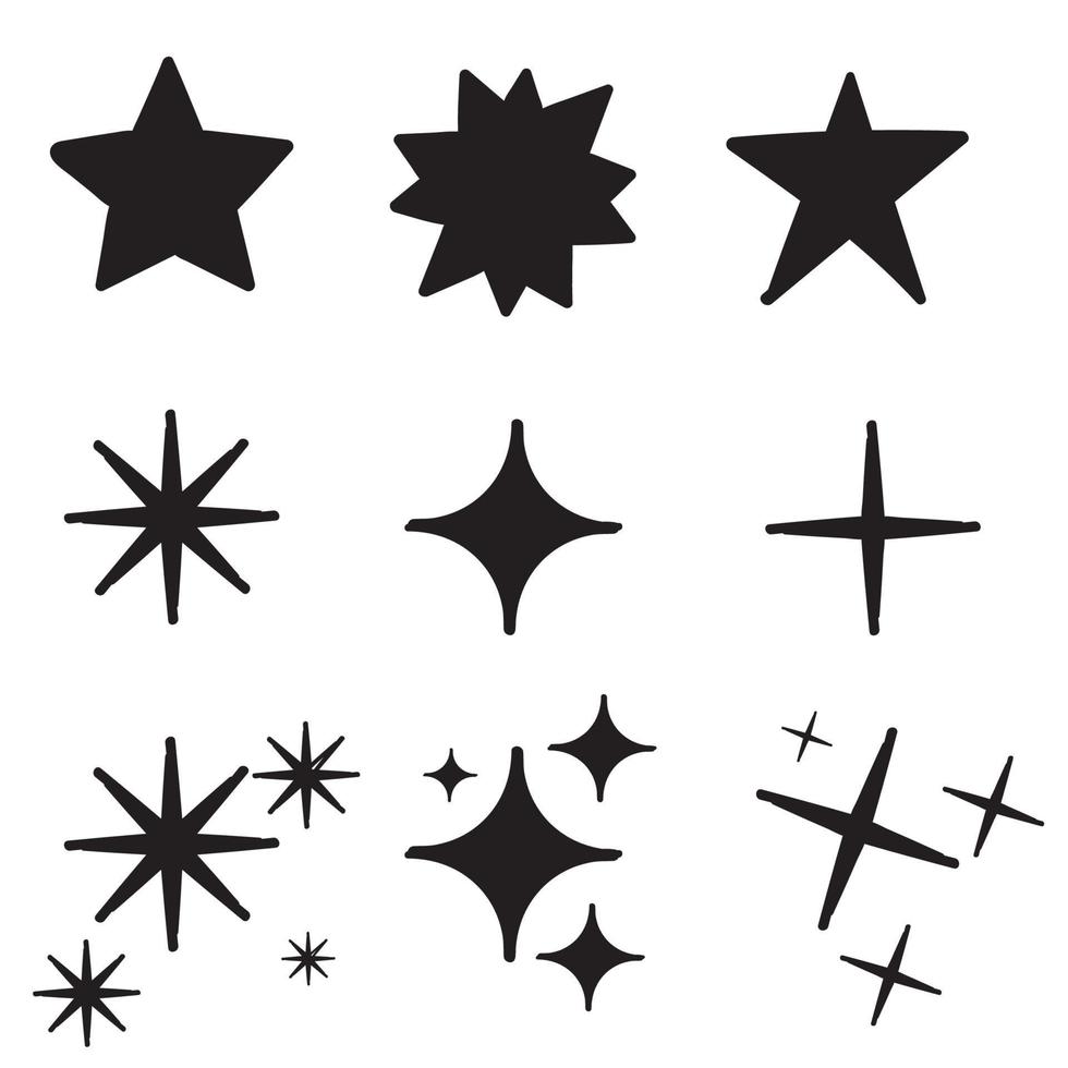 Doodle iconos de estrellas. estrellas centelleantes. destellos, explosión brillante. símbolos vectoriales de navidad aislados estilo dibujado a mano vector