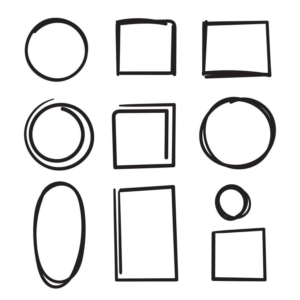 hand drawn circle and square frame collection illustration with doodle style vector isolated