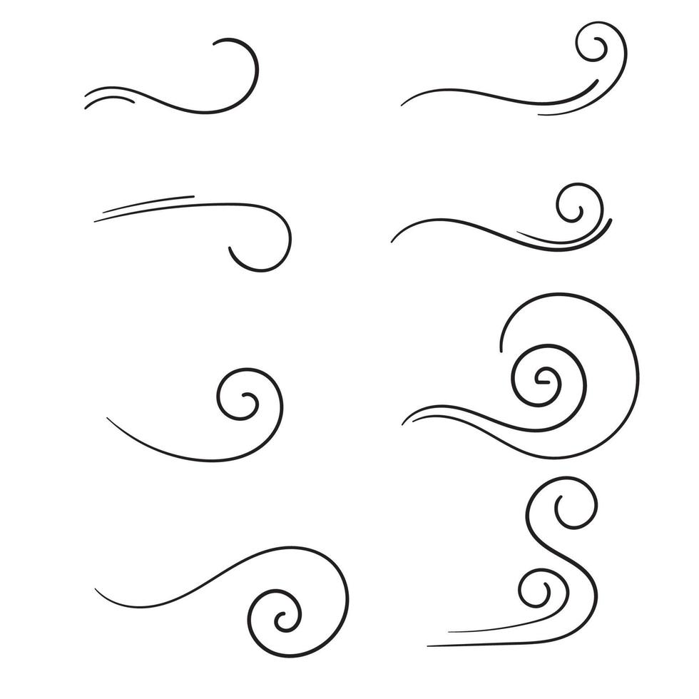 Dibujado a mano viento doodle soplo, diseño de ráfaga aislado sobre fondo blanco vector