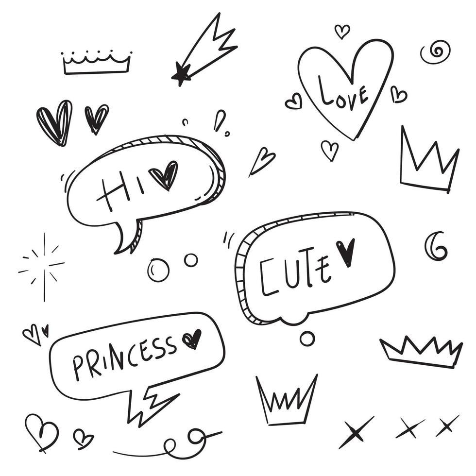 set of Cartoon dialogs cloud with princess elements. Set of think and talk speech bubbles for messages and dialog words. Doodle style clouds, hearts, stars, crowns collection vector