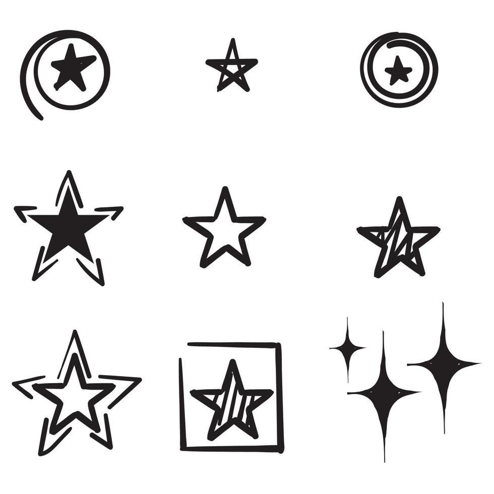 iconos de estrellas dibujados a mano. destellos, explosión brillante. estrella de símbolos vectoriales aislado sobre fondo blanco doodle vector