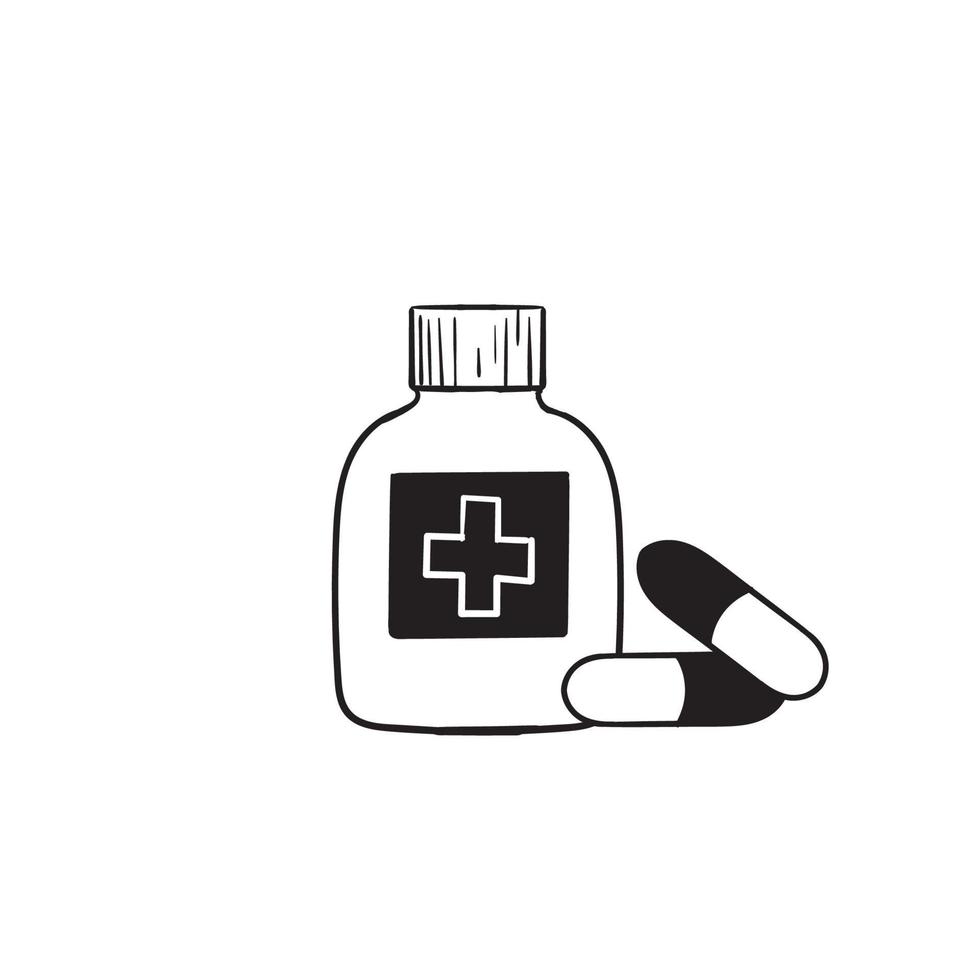 hand drawn Medicine bottle and pills. Black and white icon. Vector illustration doodle