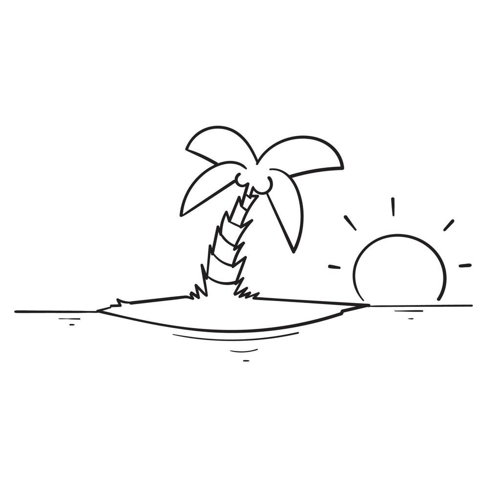 Cocotero dibujado a mano en una pequeña isla con la luz del sol detrás. en vector de estilo doodle