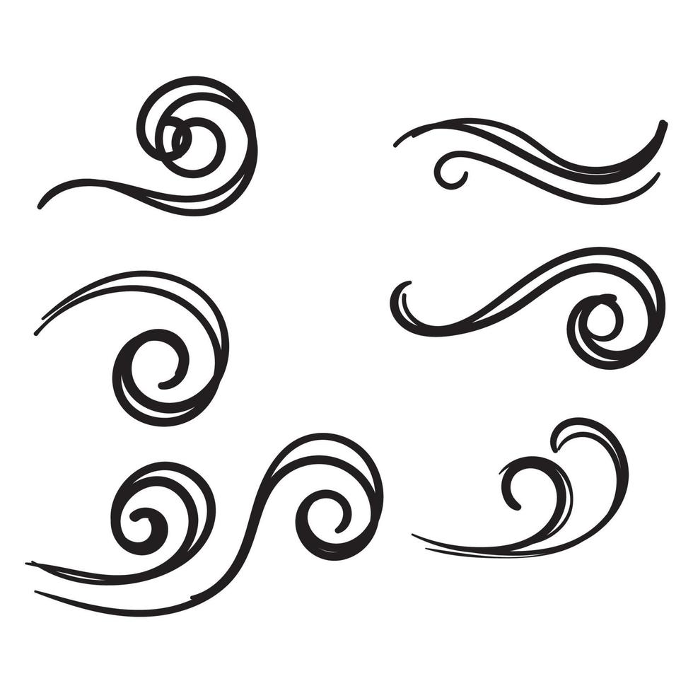 Dibujado a mano viento doodle soplo, diseño de ráfaga aislado sobre fondo blanco vector