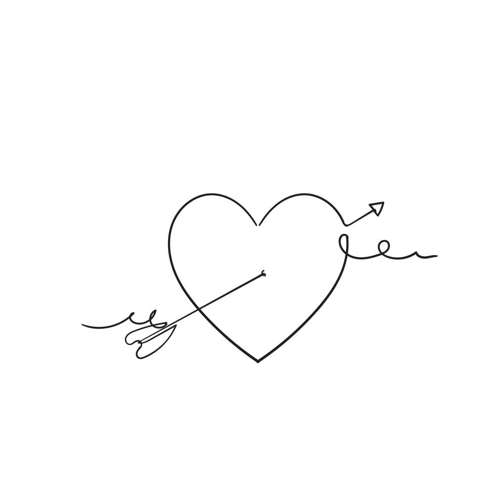 hand drawn doodle heart love and arrow illustration with continuous line art style vector