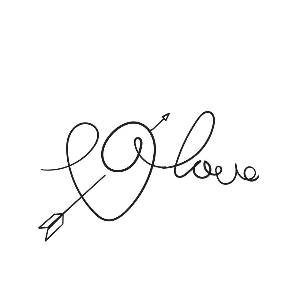 hand drawn doodle heart love and arrow illustration with continuous line art style vector