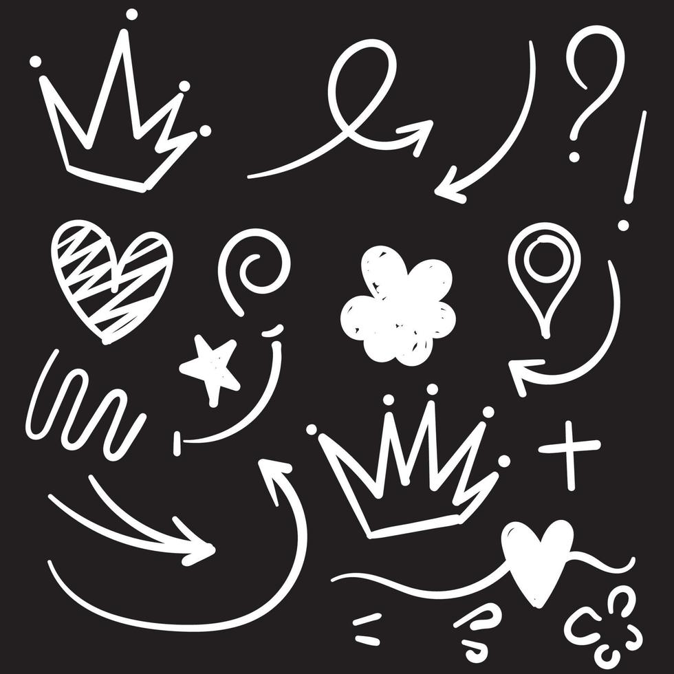 Decoration for your texts and photos with hand drawn elements.Swoops, emphasis doodles. Highlight text elements, calligraphy swirl, tail, flower, heart, graffiti, and crown. doodle cartoon. vector