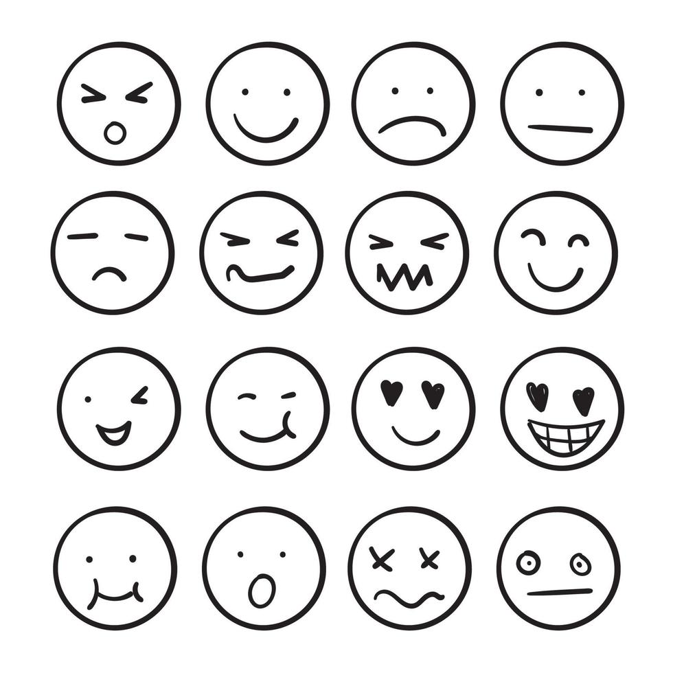 caras de emojis de tinta dibujados a mano. bosquejo de emoticonos de doodle, iconos de pincel de tinta de cara triste feliz. arte de dibujos animados vector